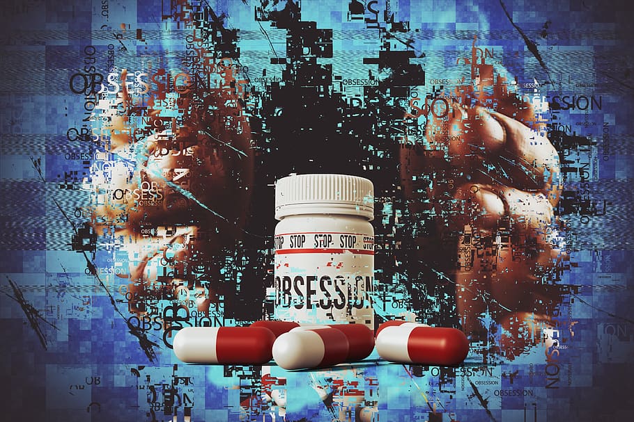 A medicine bottle with a label that says Stop Obsession with red and white capsules in the foreground and a blue background of superimposed squares, a black splotch, and a pair of hands.